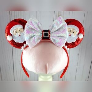 Red Santa Minnie Mouse Ears Headband w White and Red Sequin Bow
